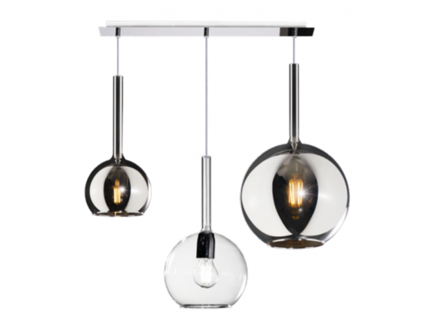 Top Light Sospensione Cromo Rettangolare 3 Luci Vetri (Grande CR + Medio TR + Piccolo CR) 1155CR/S3 RMIX-TC