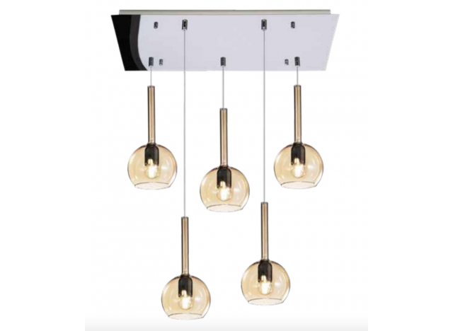 Top Light Sosp. Cromo Rettangolare 5 Luci Vetri Tutti Piccolo Ambra 1155CR/S5 RP-AM