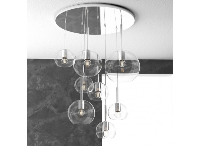 Top Light Sospensione Cromo Tonda 8 Luci Vetri (1 Grande + 2 Medio + 5 Piccolo) Tutti Trasparente  1155CR/S8 TMIX-TR