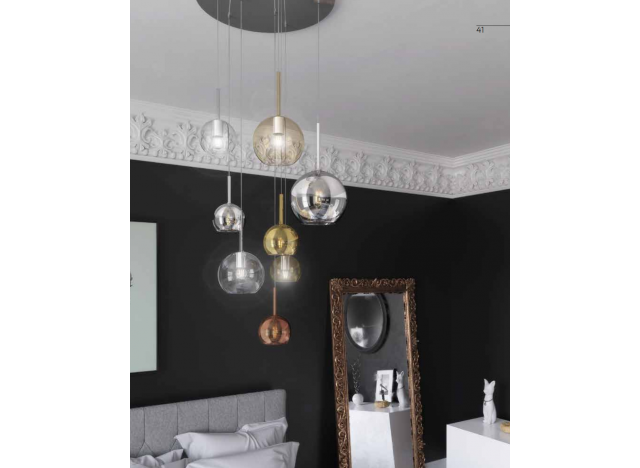 Top Light Sospensione Cromo Tonda 8 Luci Vetri (1 Grande CR +1 Medio AM+1 Medio TR +5 Piccolo (AM+TR+CR+RA+OR)  1155CR/S8 TMIX-M