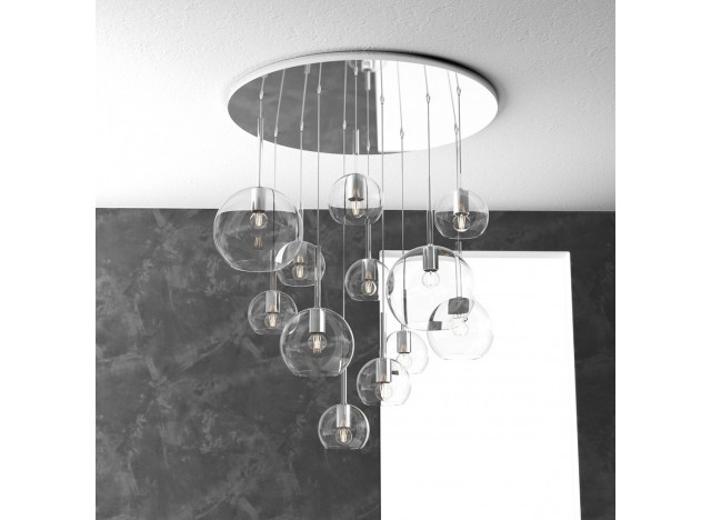 Top Light Sospensione Cromo Tonda 12 Luci Vetri (2 Grande+2 Medio +8 Piccolo) Tutti Trasparente 1155CR/S12 TMIX-TR